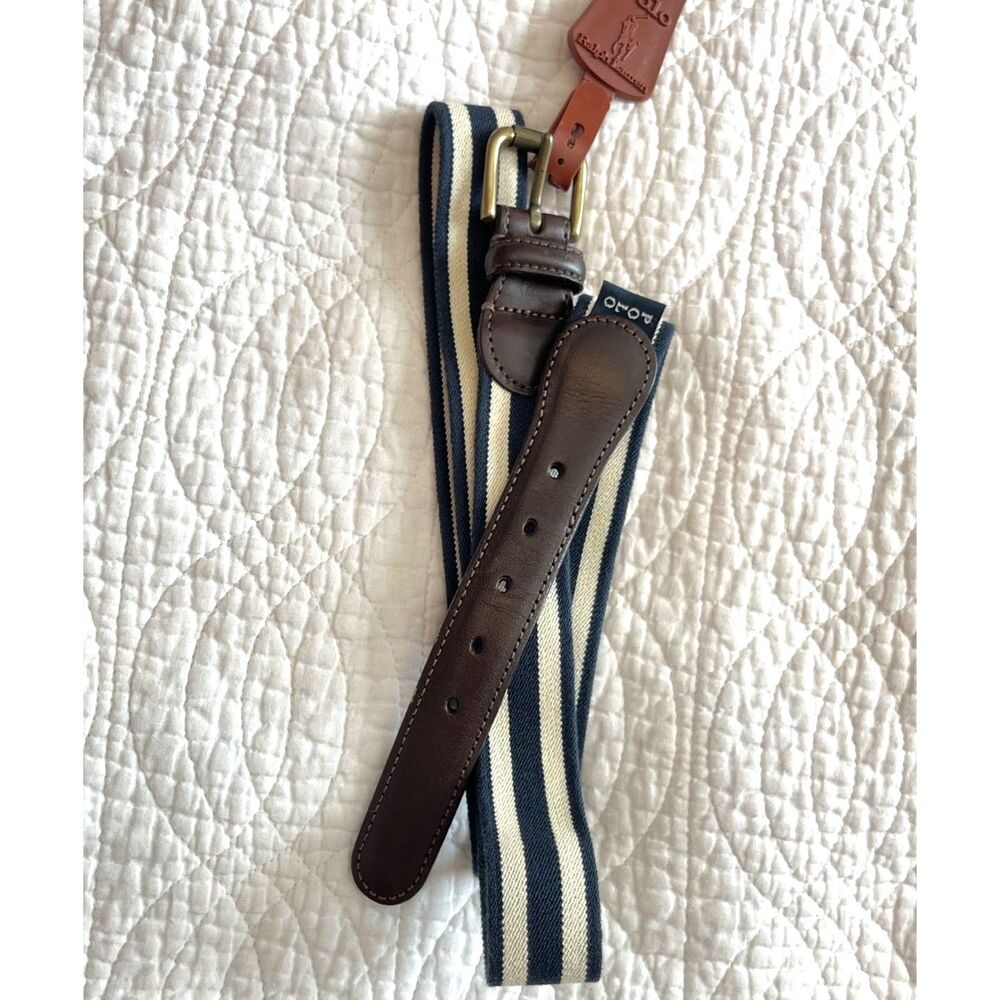 Polo Ralph Lauren Vintage Leather Trim Belt Golf 42 Stripe Navy Needlepoint